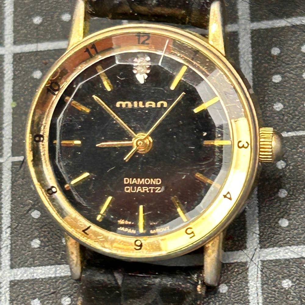 Milan Diamond Quartz‎ Watch MLN1008A Gold Tone Black Braided Leather Strap